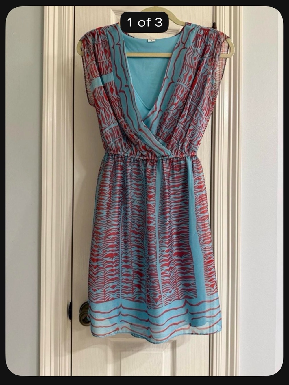 Bar III Aqua and Coral Printed V‑Neck Wrap Dress